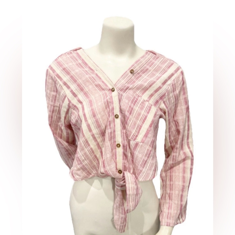 Free People Pink White Plaid Tie Front Button Down Blouse Top Size Large L USA